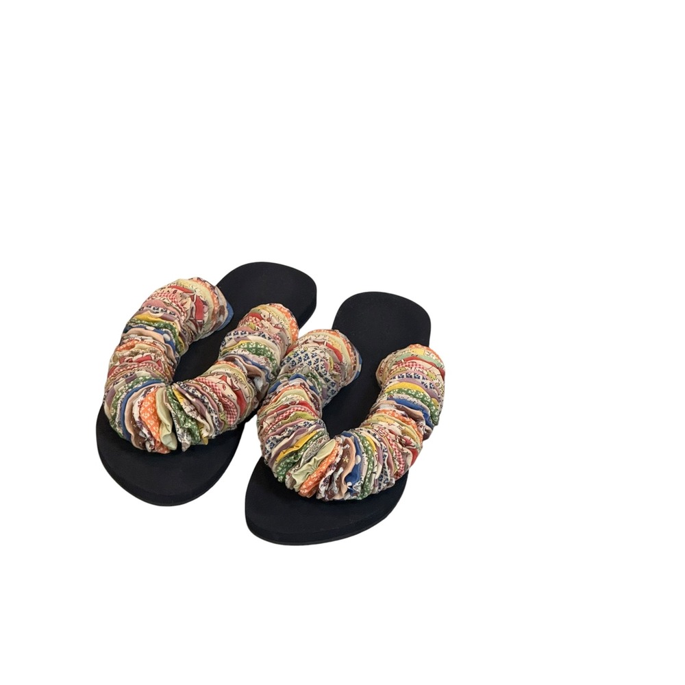 Tory Burch Womens 9 Ruffled Quilt Slides Multicolor Floral Gingham Flat Sandals